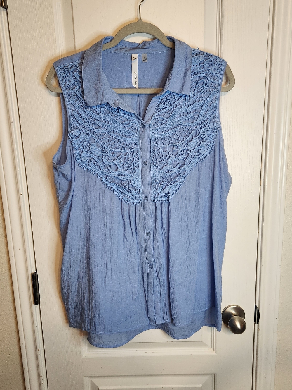 NY Collection Sleeveless Lace Yoke Button-Front Top - Light Blue